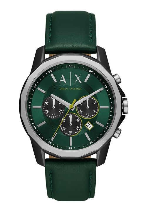 ARMANI EXCHANGE, Часовник с хронограф и кожена каишка, Тъмнозелен