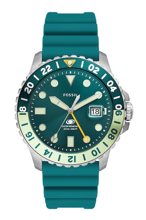 Fossil, Аналогов часовник GMT със силиконова каишка, Синьо-зелен