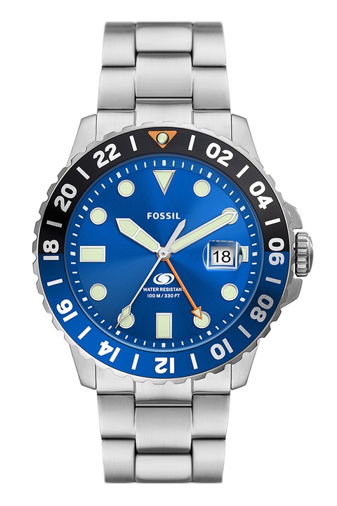 Fossil, Аналогов часовник GMT с метална верижка, Сребрист