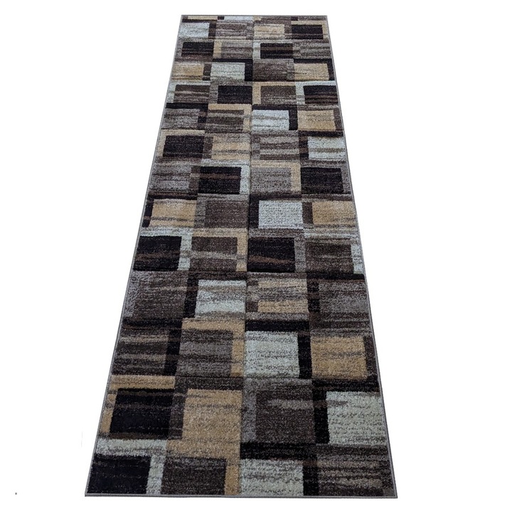 Fríz futószőnyeg négyzetekkel, bézs barnával, polipropilén, 80 x 250 cm