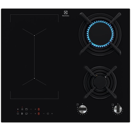 Plita incorporabila Electrolux KDI641723K, Mixta, 2 arzatoare gaz / 2 zone inductie, Aprindere electrica, Gratare Fonta, Timer Electronic, 60 cm, Negru