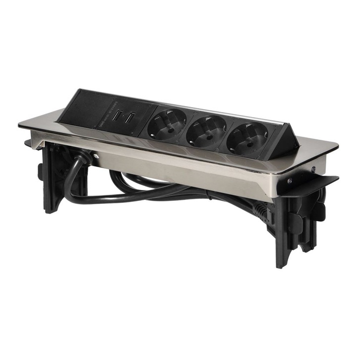 Вграден контакт, 3x250V, Никелиран корпус, С USB 1.8 m, OR-AE-1364(GS), Шуко