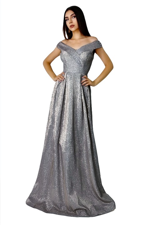 Дълга рокля Elize, с изразени плисета и деколте с маншети на раменете, Тъмно сребристо, Универсален размер S/M