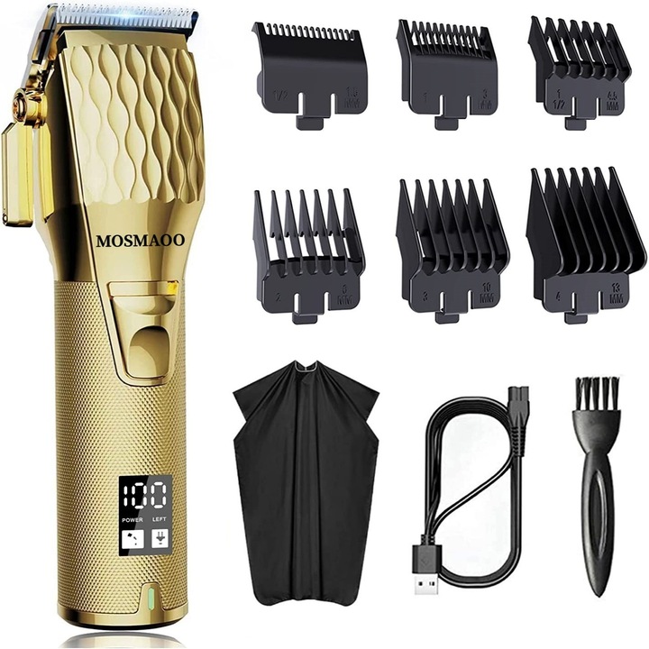 Aparat de tuns multifunctional barba si parul MOSMAOO®, foarfece de tuns profesionale pentru barbati, foarfece de frizerie fara fir pentru taierea parului, reincarcabila cu afisaj LED, aur