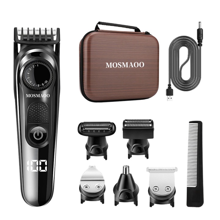 MOSMAOO® 5 az 1-ben trimmer és borotva hajra, lágyékra, szakállra és testre, vízálló, önélező és kivehető pengék, fekete
