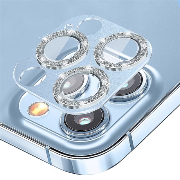 Протектор за камера, За Apple iPhone 15 Pro / 15 Pro Max, 9H защитно стъкло, против надраскване, удароустойчиви, метален елемент, диамантен дизайн, лесно слагане, сребрист