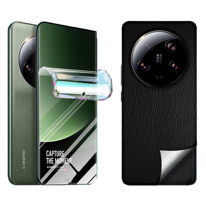 Szett bőrfólia hátoldal, elülső hidrogél Xiaomi 13 Ultra készülékhez, regenerálható szilikon hidrogél, rugalmas hidrokristály, optimális megoldás, teljes ragasztó, egyszerű telepítés, fekete