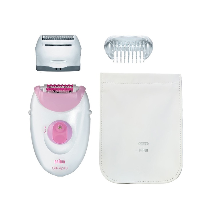 Епилатор Braun Silk-épil 3 3380246 20-1, 4 аксесоара, Четка, Калъф за съхранение, 20 пинсети, Бял, ЕКО ПАК