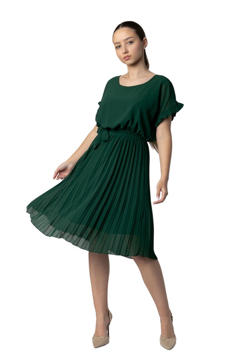 Rochie plisata verde cu cordon in talie, Verde, One Size