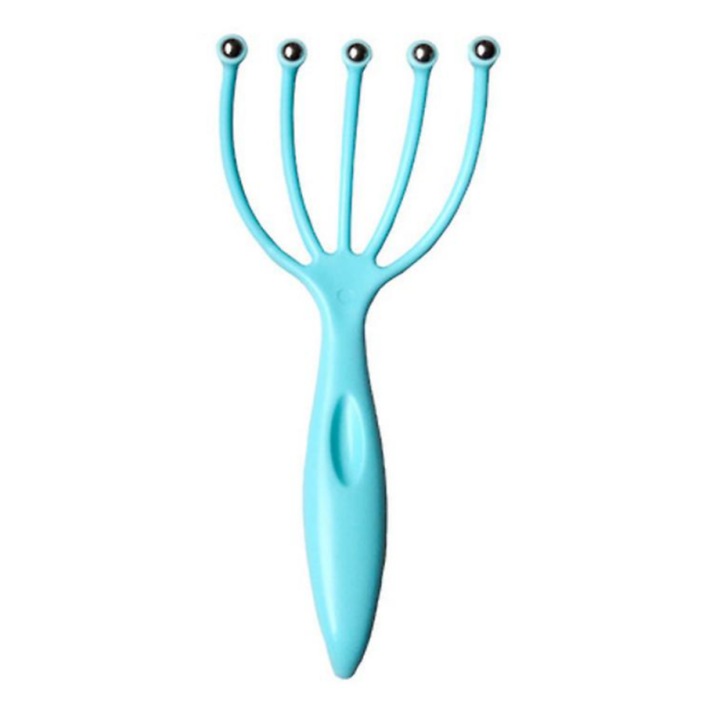 Уред за масаж на коса тип четка с 5 рамена и топчета за ролка, тонизиране на скалпа, стимулиране на растежа на косата, подобряване на кръвообращението, син