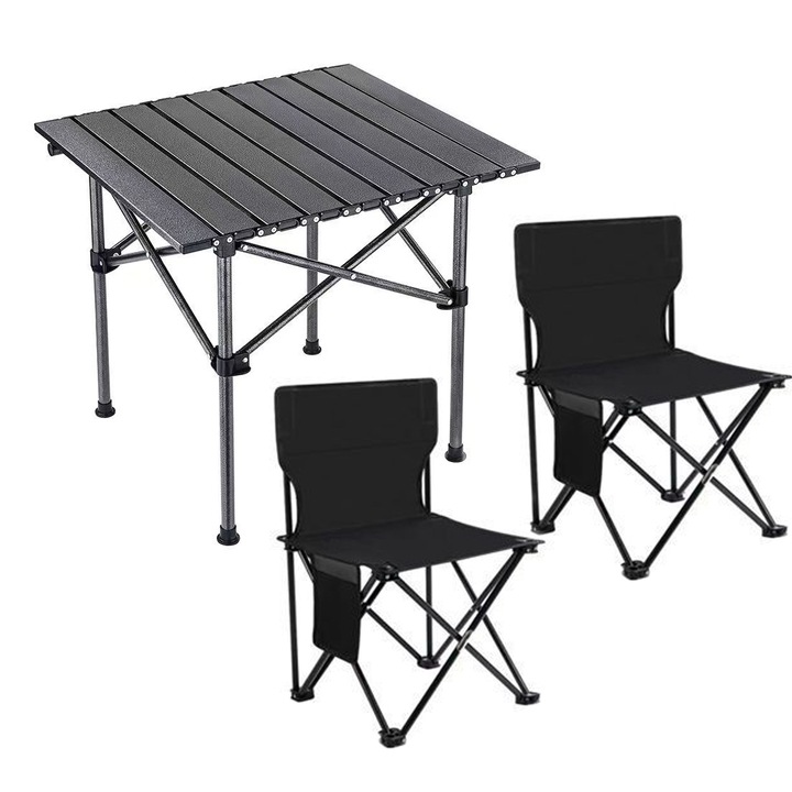 Set camping cu masa si 2 scaune pliabile, cu geanta de transport, aluminiu, negru, 53x51x50 cm, LEXI