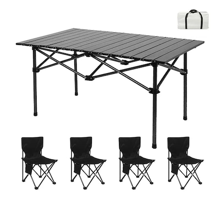 Set camping cu masa si 4 scaune pliabile, cu geanta de transport, aluminiu, negru, 95x52x50 cm, LEXI