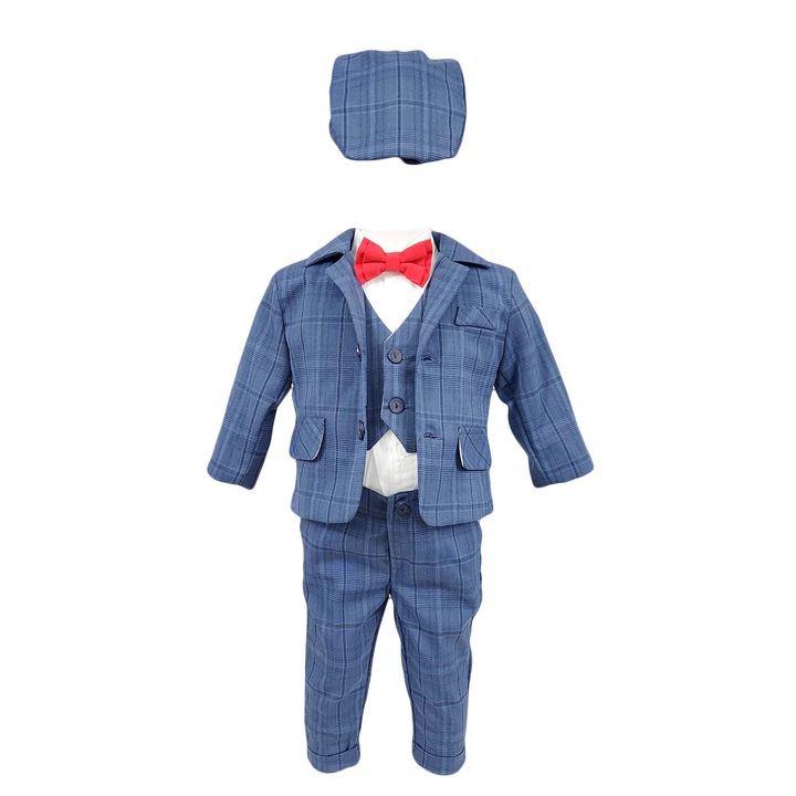 Costum botez, model Baby Boss, in carouri de culoare albastra, varsta 3-6 luni