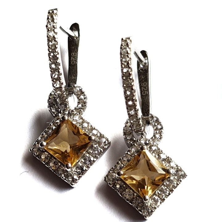 Cercei argint 925, cu Citrin Natural, Topaz Alb Natural, patrati, multifunctionali 2 in 1, pietre semipretioase, Unstoppable, 2.4 cm