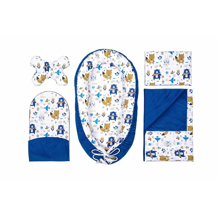Set cocon pentru bebelusi 5 in 1, Bumbac, 95x55 cm - Albastru