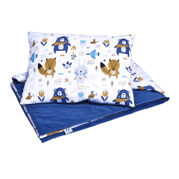 Set patura si perna pentru bebelusi, Bumbac, 75x100 cm/30x40 cm, Albastru