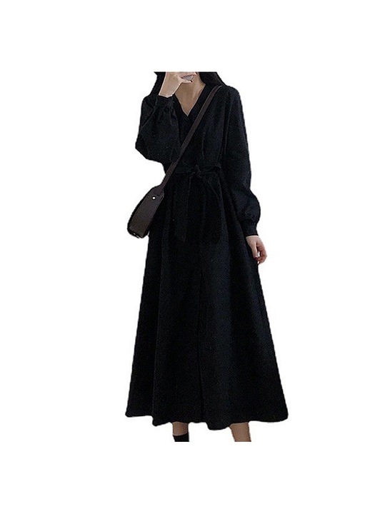 Rochie midi cu buzunare pentru femei, Poliester, Negru, Negru