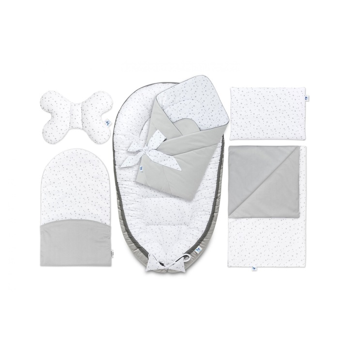 Set cocon pentru bebelusi 6in1, Bumbac, 95x55 cm - Alb/Gri