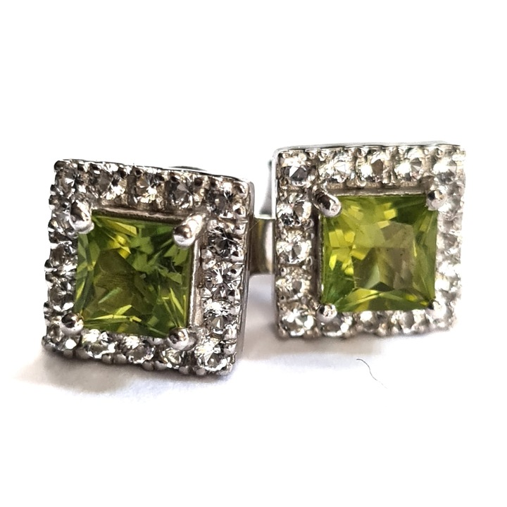 Cercei argint 925, cu Peridot Natural, Topaz Alb Natural, pietre semipretioase, Sia, 0.8 cm