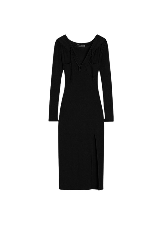 Rochie cu maneca lunga, Poliester, Negru, Negru, XL