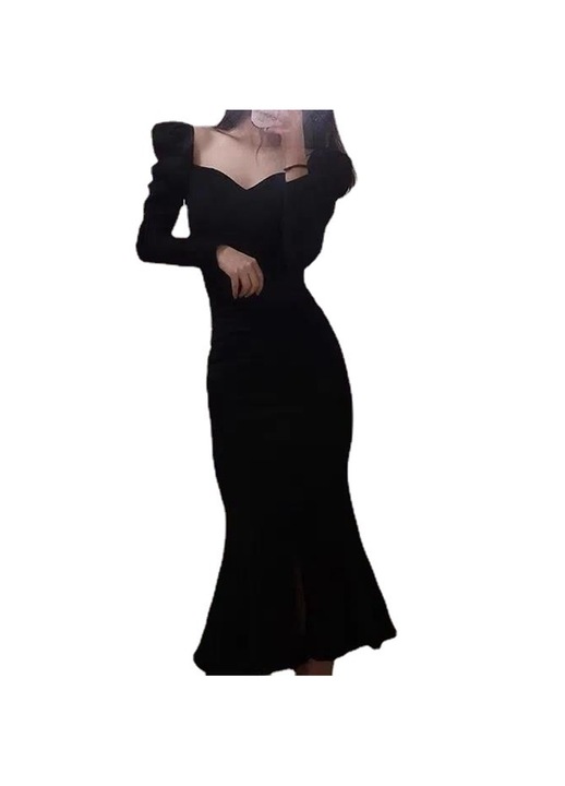Rochie cu maneca lunga, Poliester, Negru, XXL