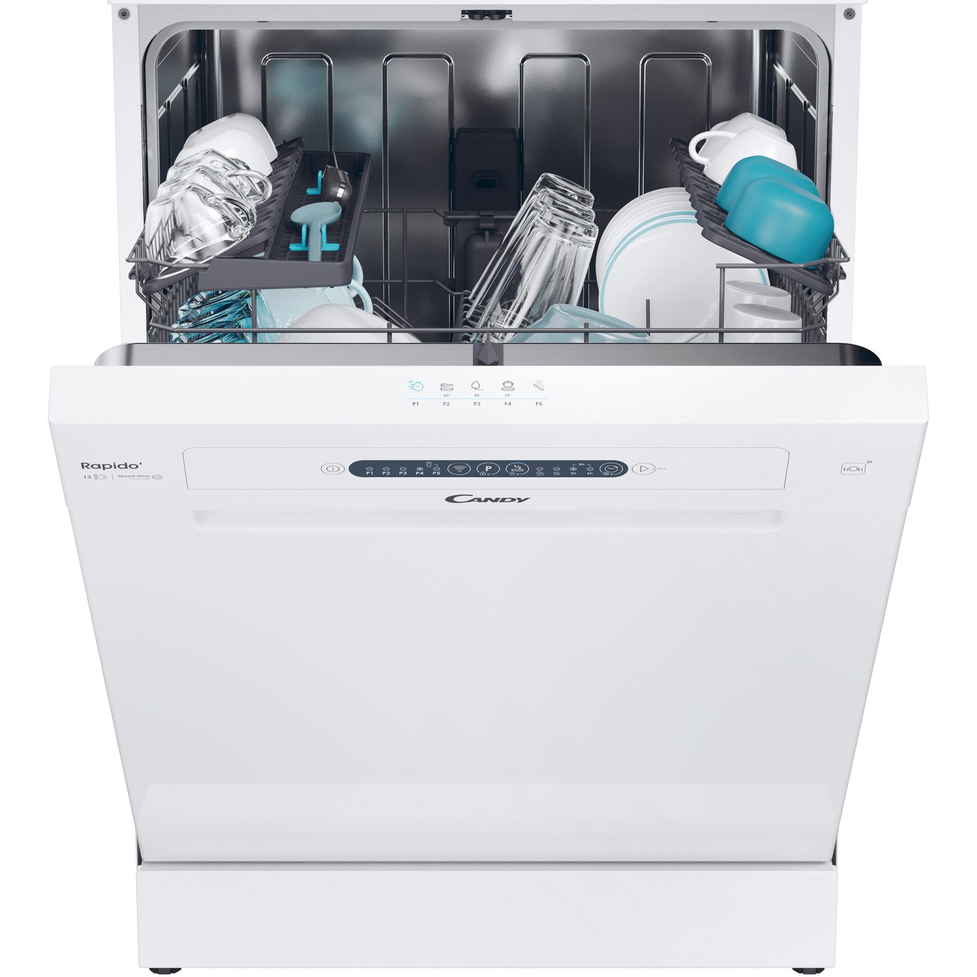 Masina de spalat vase Candy Rapido CF 3E7L0W, 13 seturi, 5 programe, Clasa E, Wi-Fi, Wash & Dry 49', 60 cm, Alb