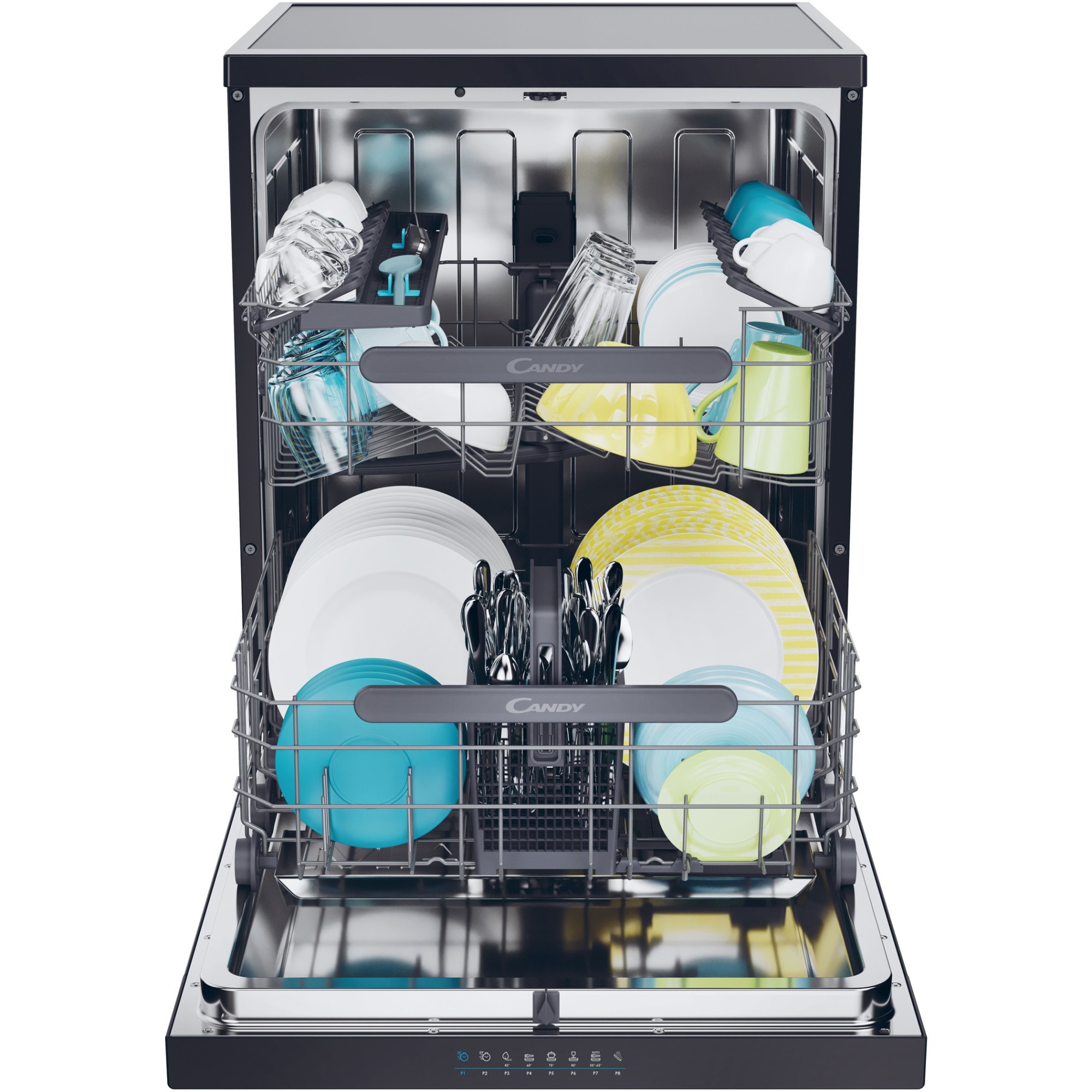 Masina de spalat vase Candy Rapido CF 5C6F0B, 15 seturi, 8 programe, Clasa C, Wi-Fi, Wash & Dry 35', Motor Speed-Drive Inverter, Automatic Open Door, 60 cm, Negru