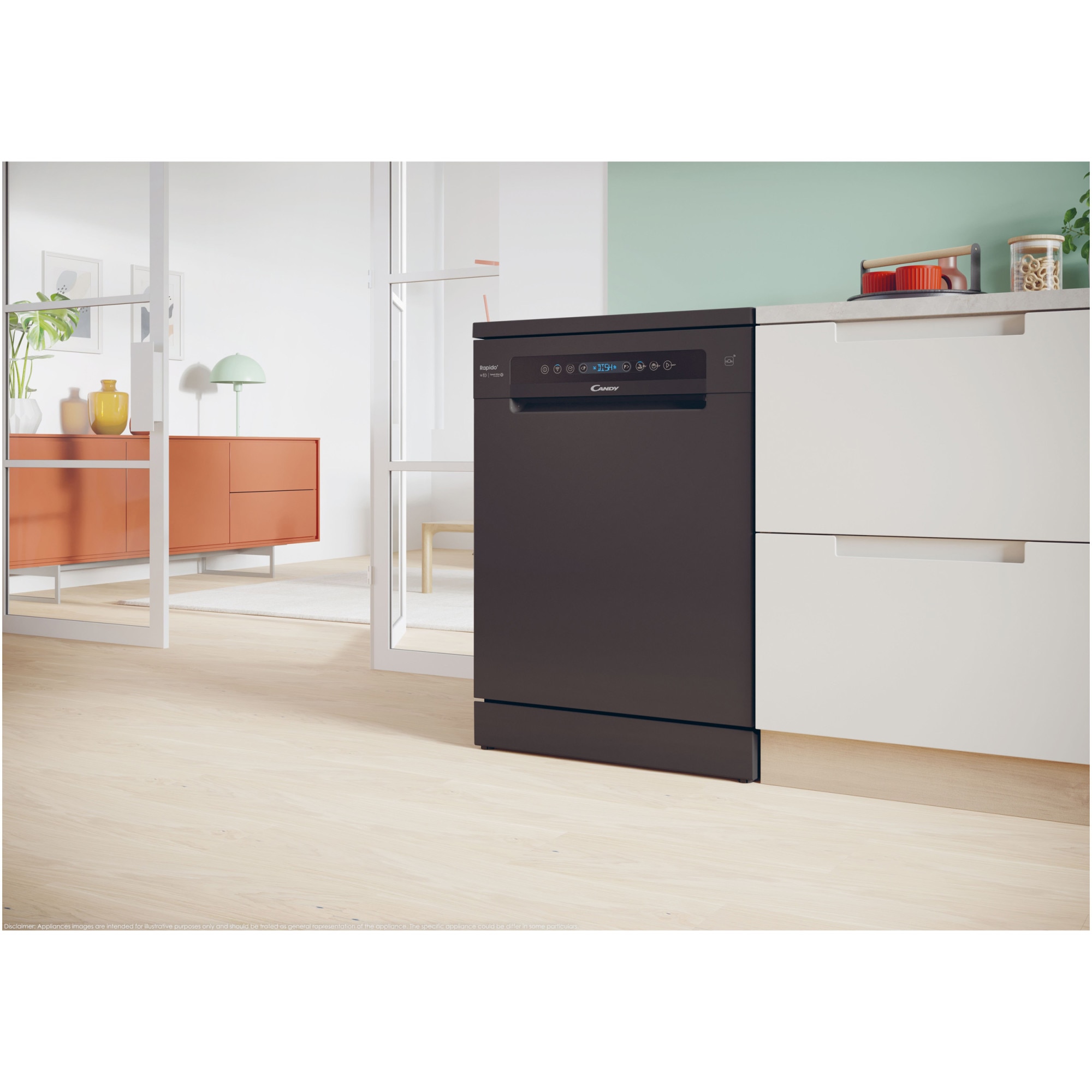 Masina de spalat vase Candy Rapido CF 5C6F0B, 15 seturi, 8 programe, Clasa C, Wi-Fi, Wash & Dry 35', Motor Speed-Drive Inverter, Automatic Open Door, 60 cm, Negru