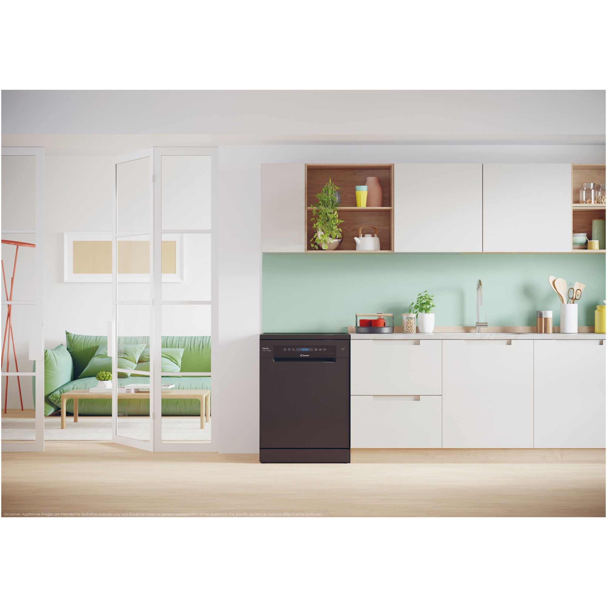Masina de spalat vase Candy Rapido CF 5C6F0B, 15 seturi, 8 programe, Clasa C, Wi-Fi, Wash & Dry 35', Motor Speed-Drive Inverter, Automatic Open Door, 60 cm, Negru