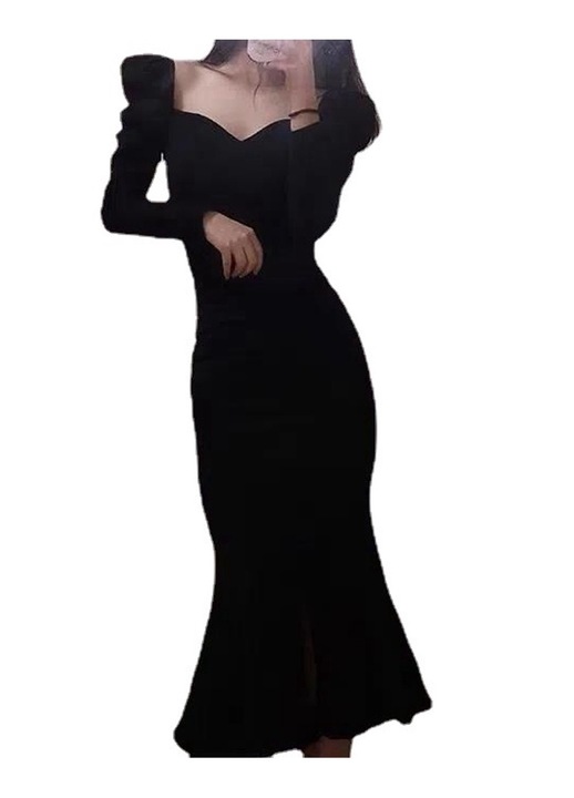 rochie cu maneci lungi, Poliester, Negru, L