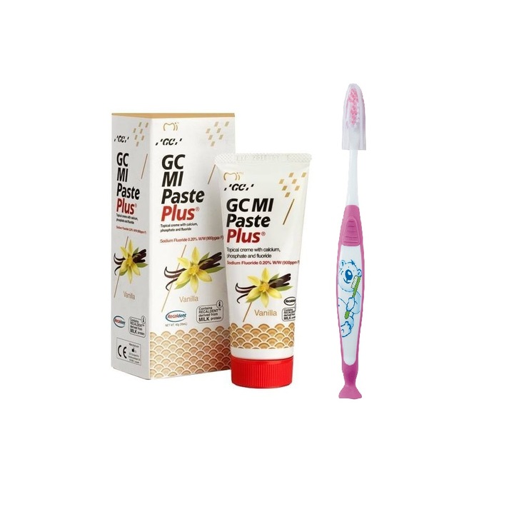 Комплект паста за зъби на водна основа GC MI PASTE, ванилия, 40 g и четка за зъби за деца 0-7 години розова