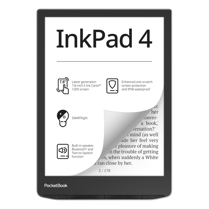 eBook четец PocketBook InkPad 4, 7,8”, 300PPI, IPX8, 32 GB, WiFi, Bluetooth, Сребрист