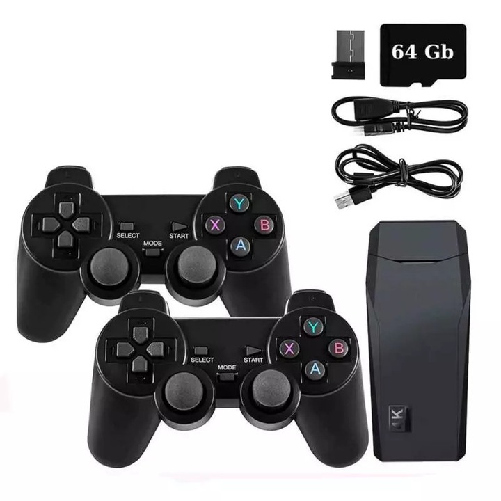 Consola Retro Tip Stick SIKS, 10.000 De Jocuri Video Instalate, Compatibila Cu 9 Emulatoare, 2 x Controler Wireless, HDMI, USB, Wireless 2.4 Ghz, 64GB, Negru