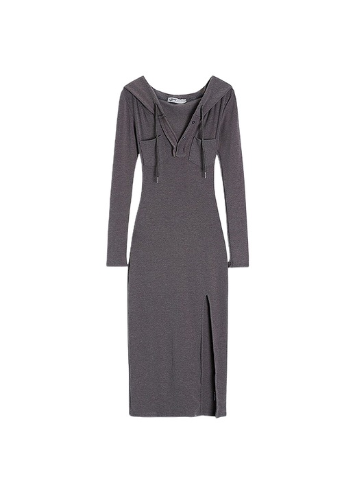 Rochie cu maneca lunga, Poliester, Gri, XL