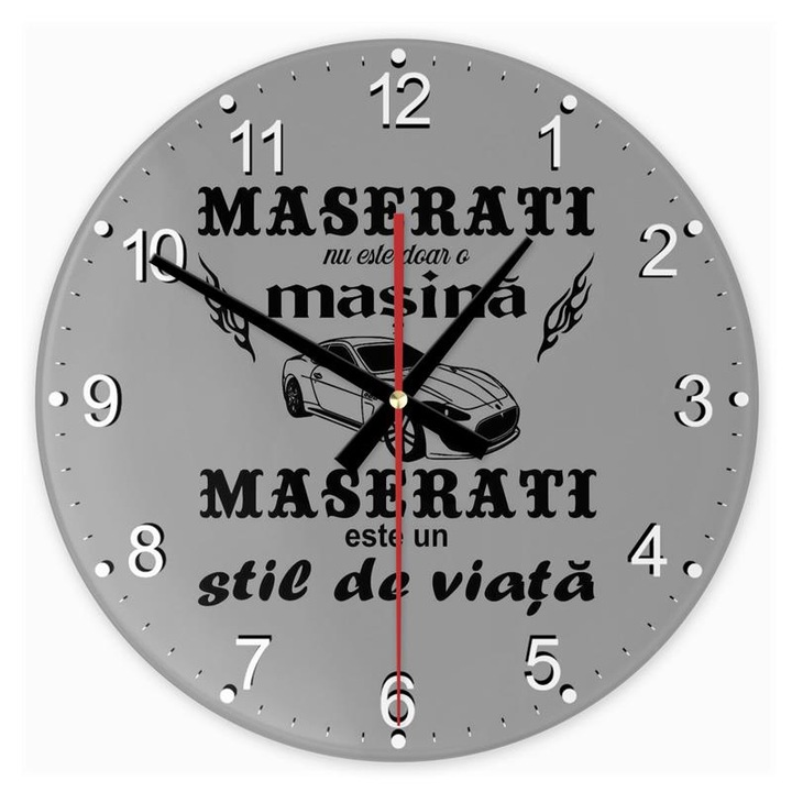Ceas circular din sticla, Mobiltokguru, Model, Maserati nu este doar o masina, Multicolor, 20cm
