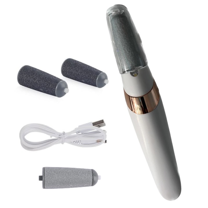 Комплект електрически уред за премахване на мазоли от краката StartONTeam, 2 сиви абразивни глави за фино почистване и 2 черни абразивни глави за грубо почистване, За напукани пети и суха/мъртва кожа, LED, 2 скорости, Батерия 600 mAh, Бял