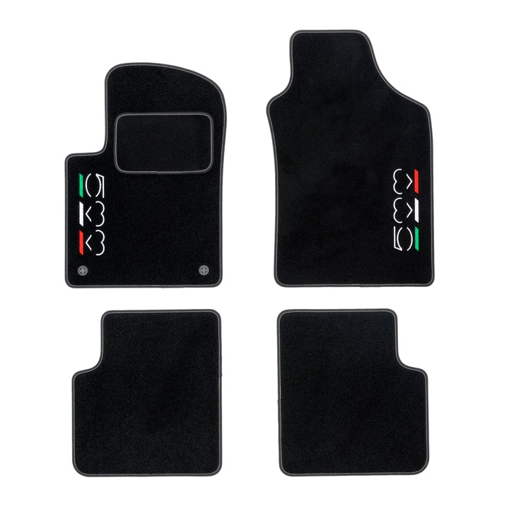 Set 4, Covorase, MOTOS, pentru Fiat 500 de la 2007, Negru Velur cu Garnitura din Textil Multicolor