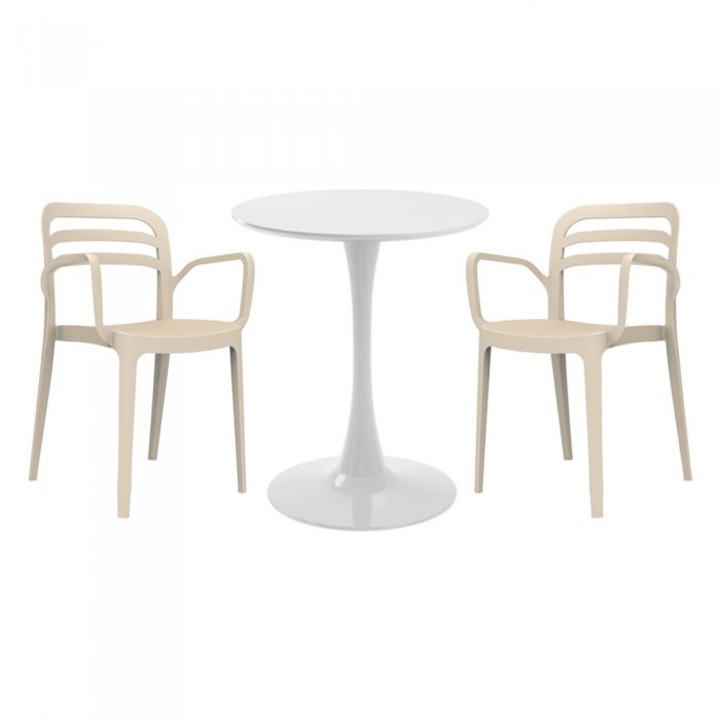 Set mobila bucatarie RAKI, masa rotunda alba D60xh76cm Nikko cu 2 scaune polipropilena Aspendos bej