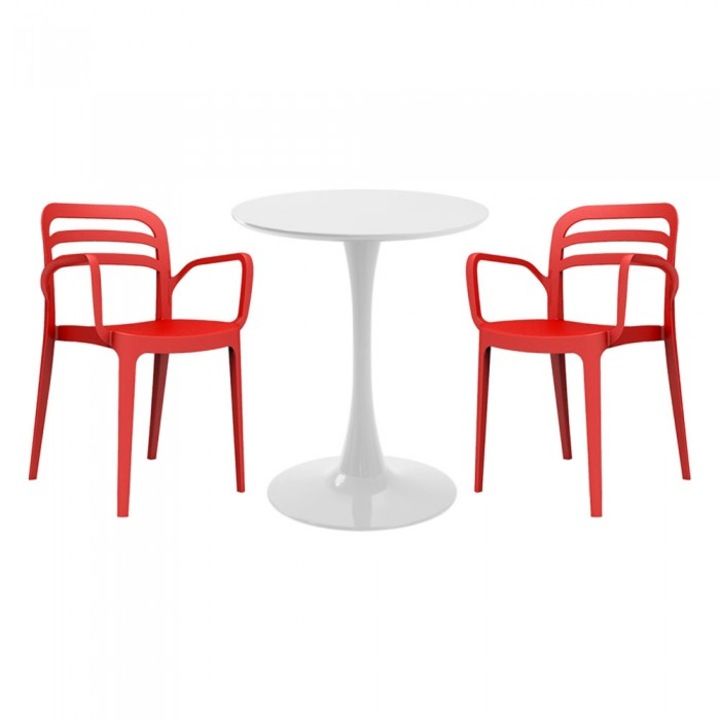 Set mobila bucatarie RAKI, masa rotunda alba D60xh76cm Nikko cu 2 scaune polipropilena Aspendos rosii