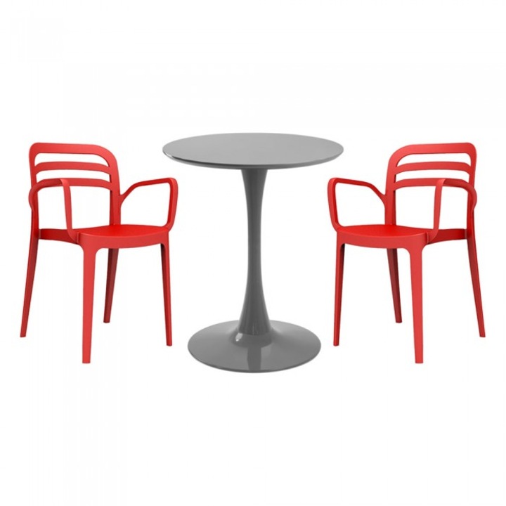 Set mobila bucatarie, masa Nikko rotunda gri D60xh76cm si 2 scaune polipropilena Aspendos rosii