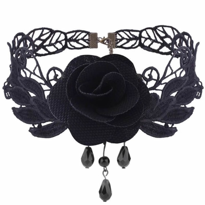 Elegáns choker, hímzett, rózsa mintás, CRM, textil, fekete