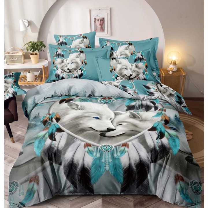 Двойно спално бельо Jojo Home, щампа Бели вълци, 4 части, 1 лице, 140x200 см, Finet