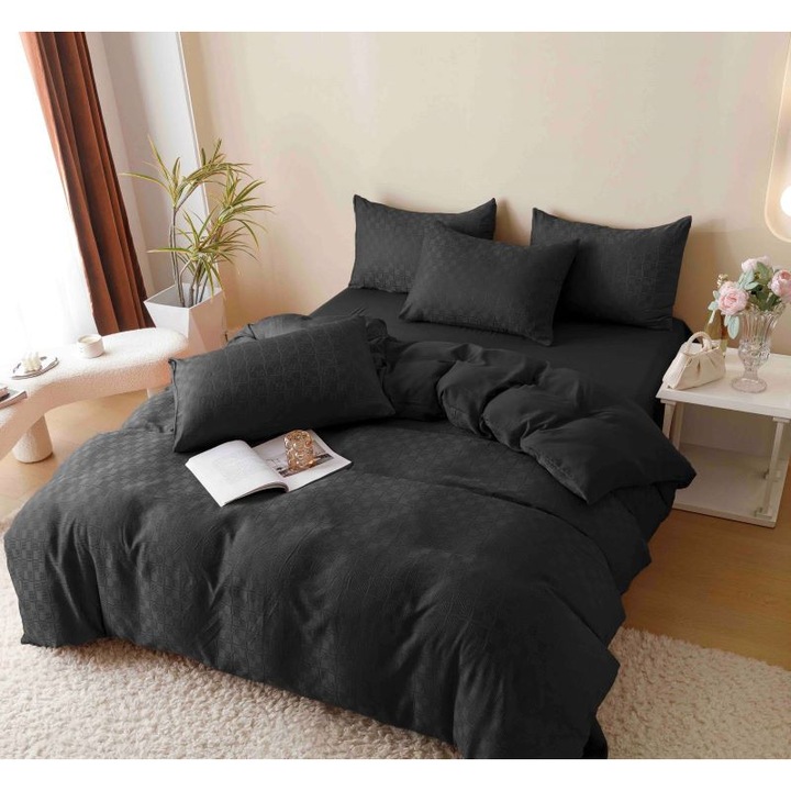 Двойно спално бельо, Жакард, Jojo Home, Uni, 6 части, 2 лица, 230X250см, Черно