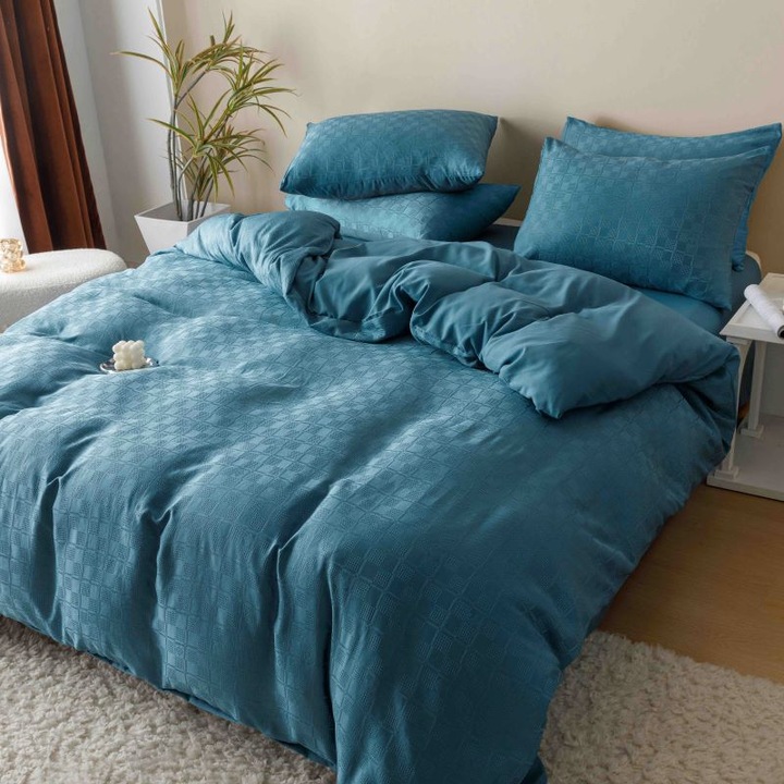Двойно спално бельо, Жакард, Jojo Home, Uni, 6 части, 2 лица, 230X250см, Тюркоаз