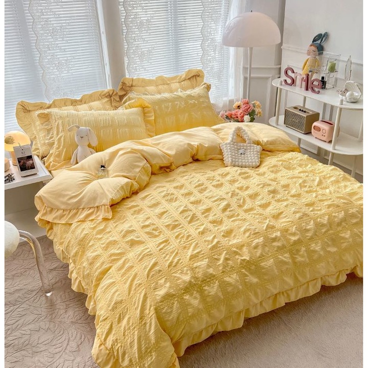 Dupla ágynemű, Jojo Home, Crepe Cotton, 6 db, 2 személyes, Sima, 230x250cm, Pai Yellow