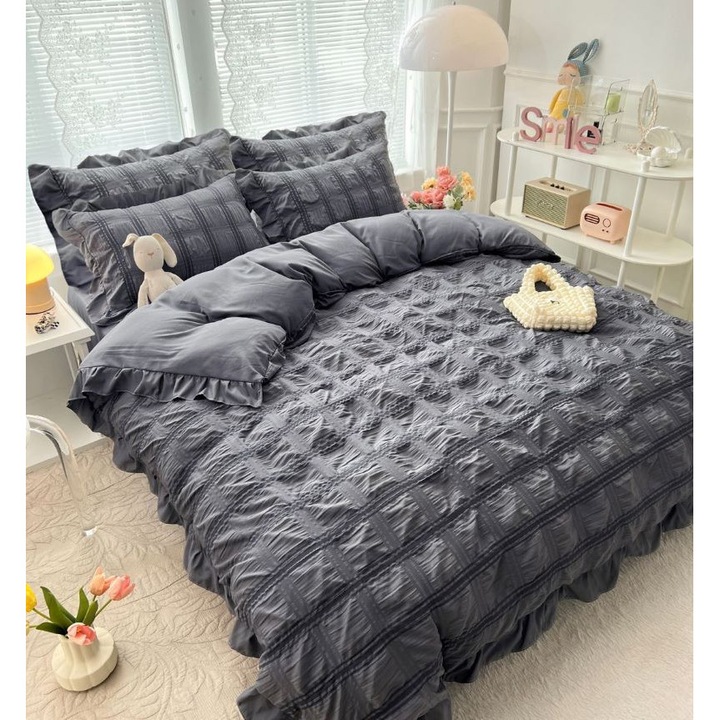 Lenjerie de pat dublu, Jojo Home, Bumbac Creponat, 6 piese, 2 persoane, Uni, 230x250cm, Gri