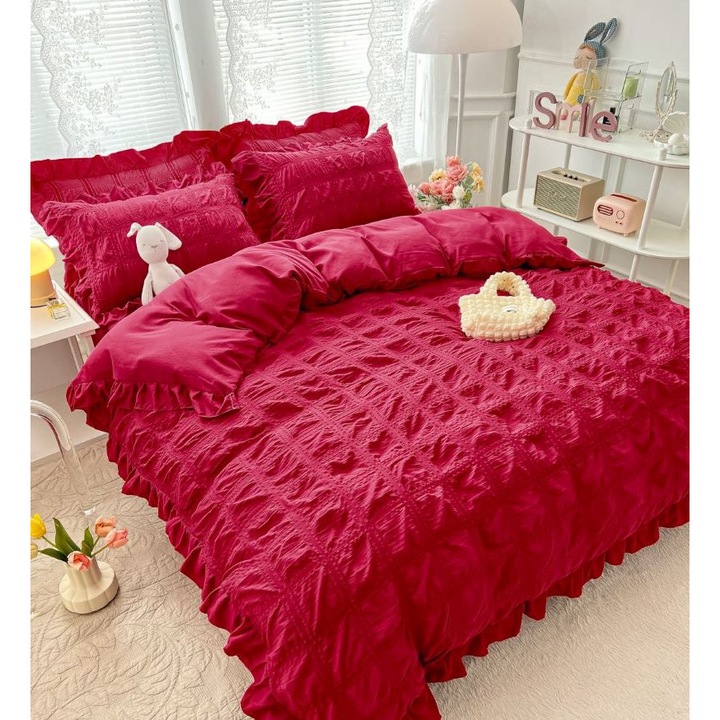 Двойно спално бельо, Jojo Home, Креп Памук, 6 части, 2 лица, Едноцветно, 230x250см, Червено