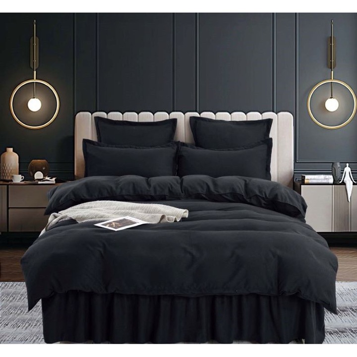 Двойно спално бельо, с волани, Jojo Home, 6 части, 2-ма души, Plain, 200x220см, Черен