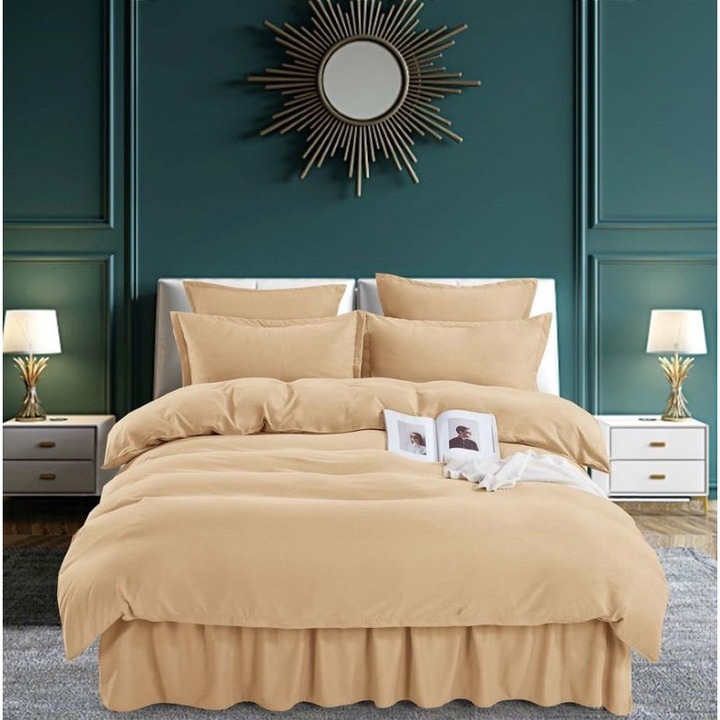 Двойно спално бельо, с волани, Jojo Home, 6 части, 2 лица, Едноцветно, 200x220см, Бежово