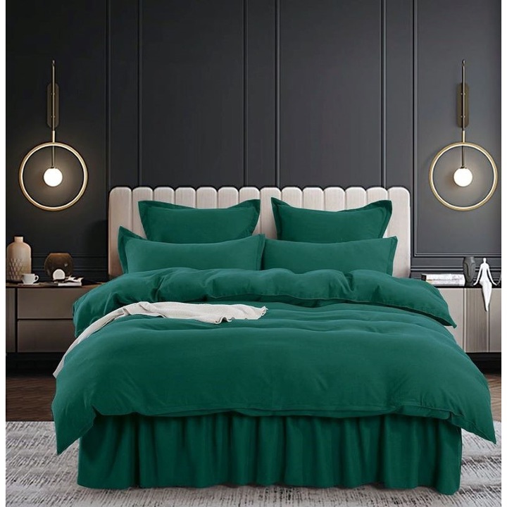 Двойно спално бельо, с волани, Jojo Home, 6 части, 2 лица, Обикновено, 200x220см, Emerald Green